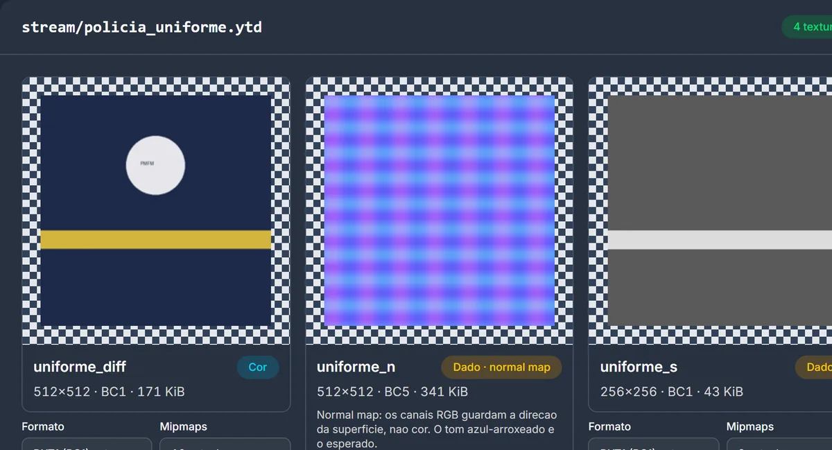 Aba Todas as texturas do Visualizar em 3D e texturas do 3DMeshTool: grade com as texturas de um .ytd, com tamanho, formato e memória de cada uma e a escolha de formato e mipmaps.